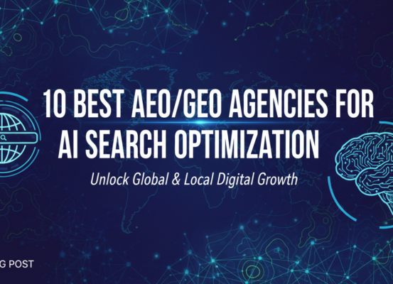 Banner with '10 Best AEO/GEO Agencies for AI Search Optimization' title, sleek design