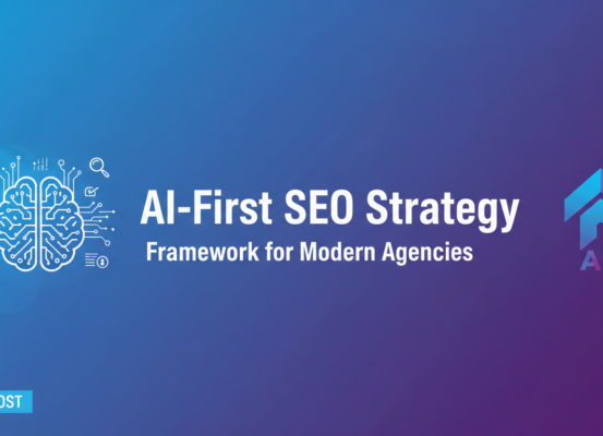 Banner with 'AI-First SEO Strategy: Framework for Modern Agencies' in bold, tech-themed design