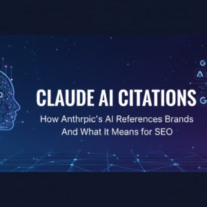 Banner with 'Claude AI Citations: SEO Impact' text, futuristic tech design