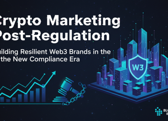 Banner with 'Crypto Marketing Post-Regulation' title, digital currency symbols, tech theme