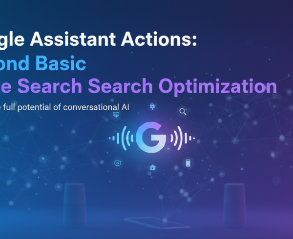 Banner with 'Google Assistant Actions: Beyond Basic Voice Search Optimization' title on tech-themed background.