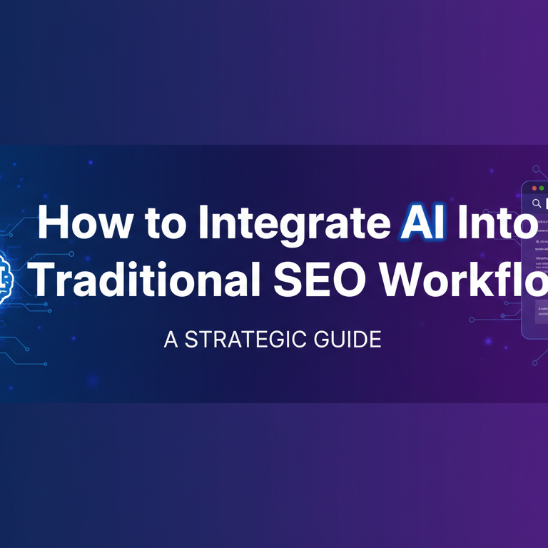 Banner with 'How to Integrate AI Into a Traditional SEO Workflow: A Strategic Guide' title, modern design.