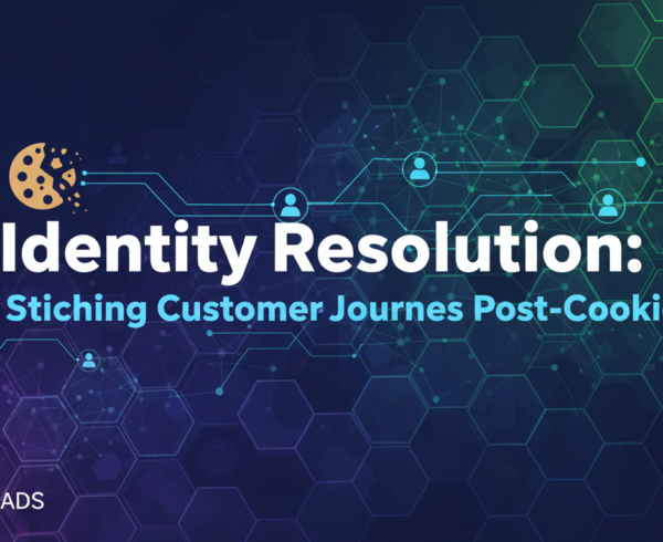 Banner with 'Identity Resolution: Stitching Customer Journeys Post-Cookie' title, abstract digital theme.