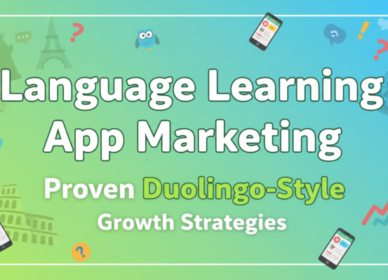Banner with 'Language Learning App Marketing' title, vibrant colors, tech theme.