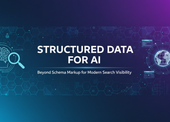 Banner with 'Structured Data for AI: Beyond Schema Markup for Modern Search Visibility' title, sleek tech design.