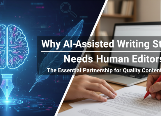 Banner with text 'Why AI-Assisted Writing Still Needs Human Editors' over a digital pen and notebook.