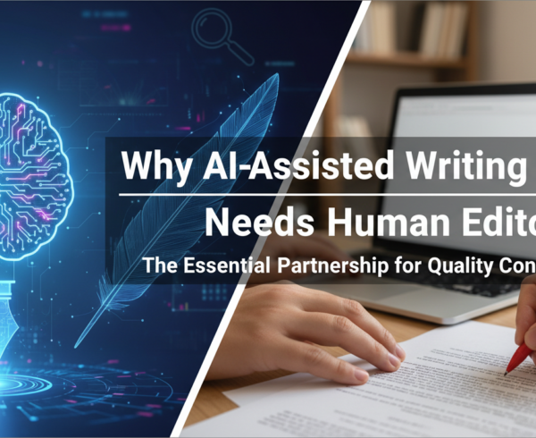 Banner with text 'Why AI-Assisted Writing Still Needs Human Editors' over a digital pen and notebook.