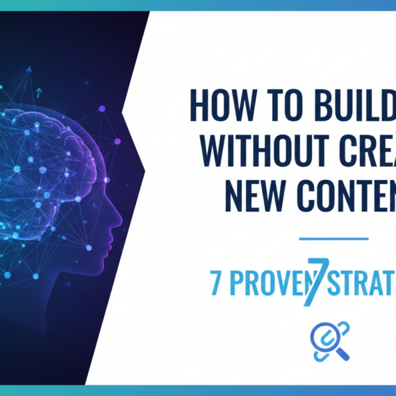 Banner with title 'How to Build Links Without Creating New Content: 7 Proven Strategies' over a digital network.