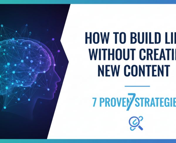 Banner with title 'How to Build Links Without Creating New Content: 7 Proven Strategies' over a digital network.
