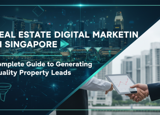 Banner with title 'Real Estate Digital Marketing in Singapore: Complete Guide to Generating Quality Property Leads' against a modern cityscape backdrop.