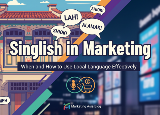 Banner with title 'Singlish in Marketing' on a vibrant, colorful background