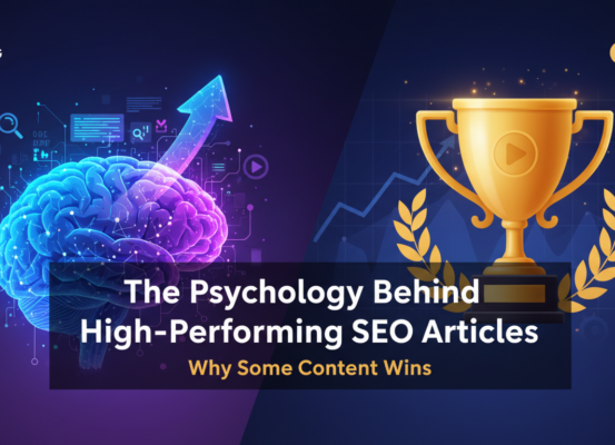Banner with title 'The Psychology Behind High-Performing SEO Articles' on a digital background.