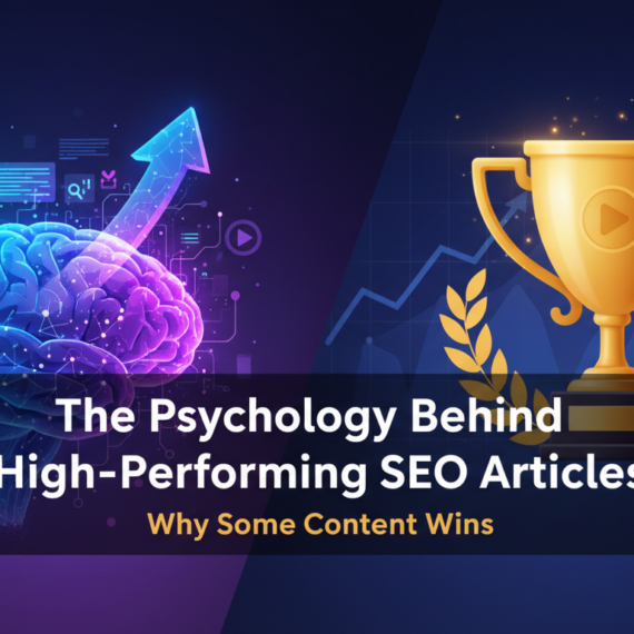Banner with title 'The Psychology Behind High-Performing SEO Articles' on a digital background.