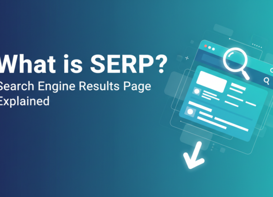 Banner with title 'What is SERP? Search Engine Results Page Explained' on a tech-themed background.