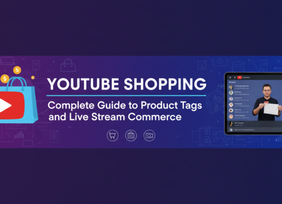 Banner with 'YouTube Shopping: Complete Guide to Product Tags and Live Stream Commerce' title.