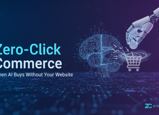 Banner with 'Zero-Click Commerce: When AI Buys Without Your Website' in bold font on a digital shopping theme background.