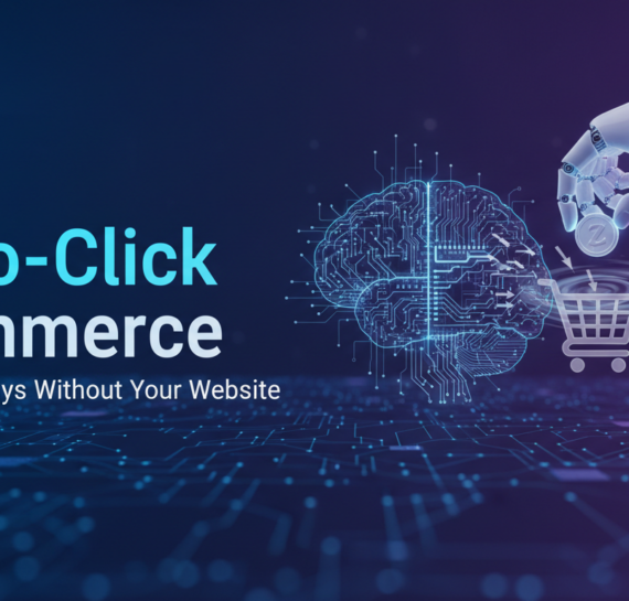 Banner with 'Zero-Click Commerce: When AI Buys Without Your Website' in bold font on a digital shopping theme background.