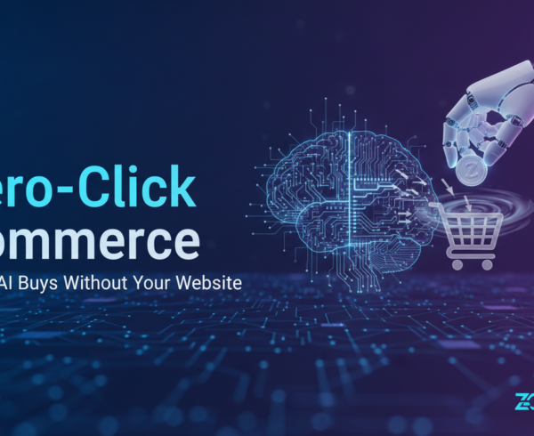 Banner with 'Zero-Click Commerce: When AI Buys Without Your Website' in bold font on a digital shopping theme background.