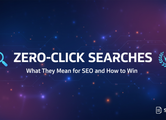 Banner with 'Zero-Click Searches: What They Mean for SEO and How to Win' title, abstract tech design