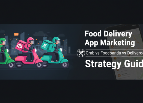 Blog banner: 'Food Delivery App Marketing' with logos of Grab, Foodpanda, Deliveroo.