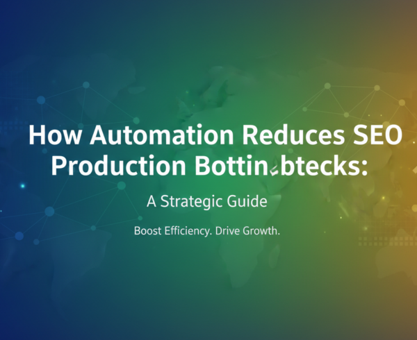 Blog banner titled 'How Automation Reduces SEO Production Bottlenecks: A Strategic Guide' with tech-themed graphics.