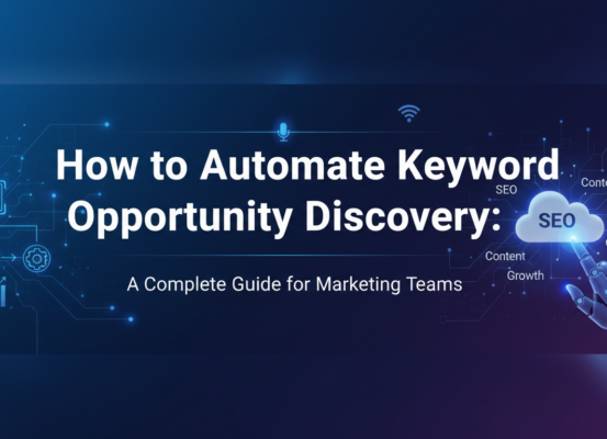 Blog banner titled 'How to Automate Keyword Opportunity Discovery' with a marketing theme
