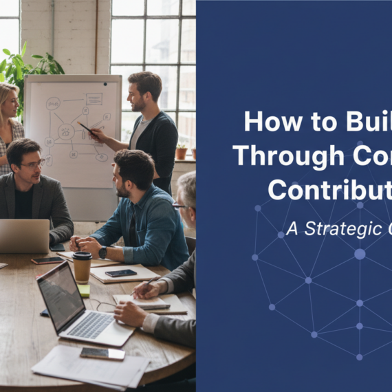 Blog banner titled 'How to Build Links Through Community Contributions: A Strategic Guide' with a vibrant, collaborative theme.