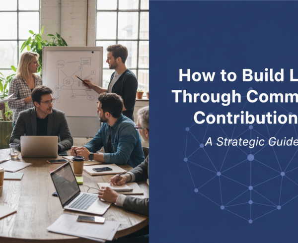Blog banner titled 'How to Build Links Through Community Contributions: A Strategic Guide' with a vibrant, collaborative theme.