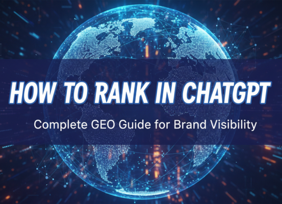 Blog banner titled 'How to Rank in ChatGPT: Complete GEO Guide for Brand Visibility' with modern design elements.