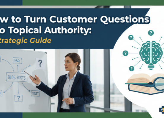 Blog banner titled 'How to Turn Customer Questions Into Topical Authority: A Strategic Guide' with a professional design.
