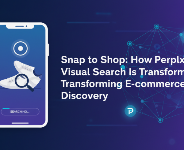 Blog banner titled 'Snap to Shop: How Perplexity's Visual Search Is Transforming E-commerce Discovery' with a modern, tech-inspired design.