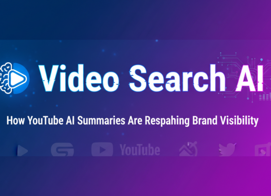 Blog banner titled 'Video Search AI: How YouTube AI Summaries Are Reshaping Brand Visibility' with tech-themed graphics.