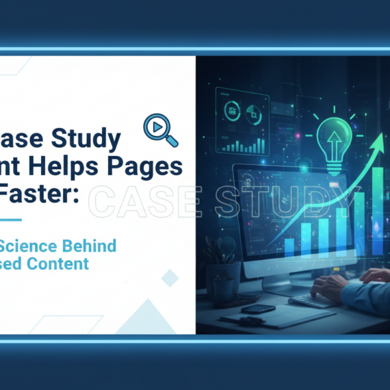 Blog banner titled 'Why Case Study Content Helps Pages Rank Faster' with SEO graphics