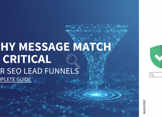 Blog banner titled 'Why Message Match Is Critical for SEO Lead Funnels: Complete Guide' with a digital marketing theme.