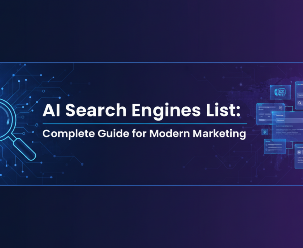 Blog banner with 'AI Search Engines List: Complete Guide for Modern Marketing' title on tech-themed background