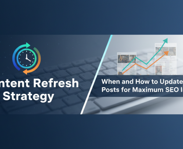 Blog banner with 'Content Refresh Strategy' title, emphasizing SEO and updating content.