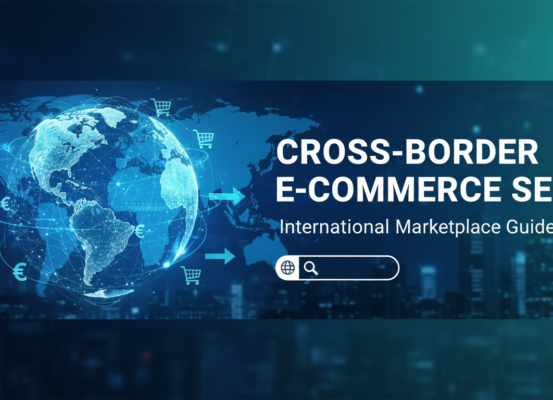 Blog banner with 'Cross-Border E-commerce SEO: International Marketplace Guide' title.