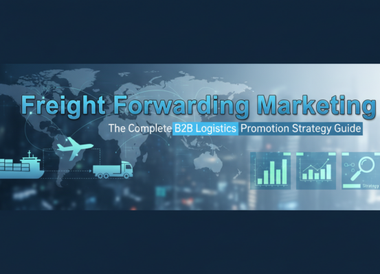 Blog banner with 'Freight Forwarding Marketing: The Complete B2B Logistics Promotion Strategy Guide' title.