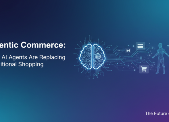 Blog banner with futuristic AI agents shopping in a digital marketplace.