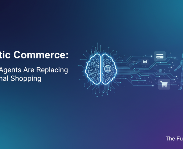 Blog banner with futuristic AI agents shopping in a digital marketplace.