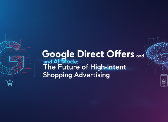 Blog banner with 'Google Direct Offers and AI Mode' title, futuristic tech theme