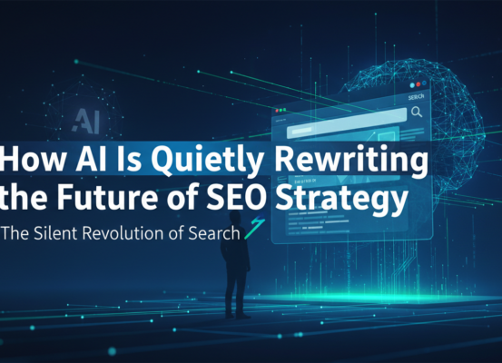 Blog banner with 'How AI Is Quietly Rewriting the Future of SEO Strategy' in bold text.