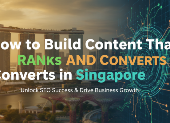 Blog banner with 'How to Build Content That Ranks AND Converts in Singapore' title and city skyline backdrop.