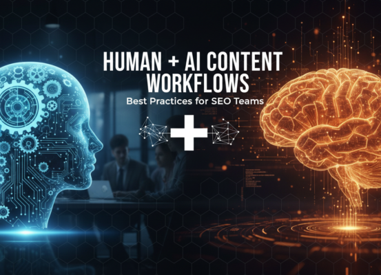 Blog banner with 'Human + AI Content Workflows: Best Practices for SEO Teams' title on a modern digital theme.