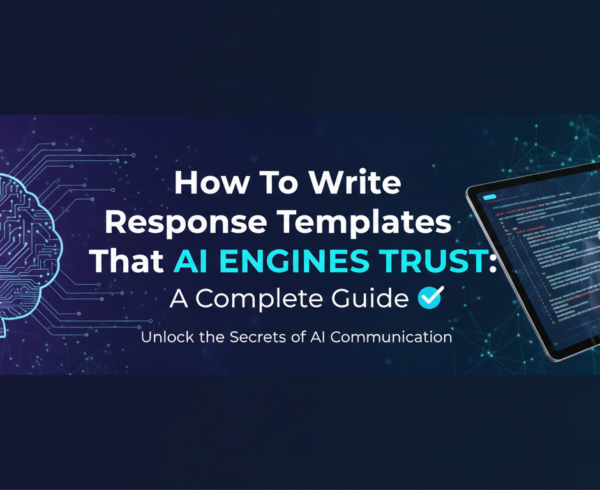 Blog banner with the title 'How To Write Response Templates That AI Engines Trust: A Complete Guide', featuring a sleek, modern design with a pen and notepad.