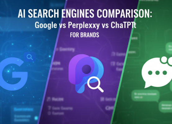 Blog banner with title 'AI Search Engines Comparison: Google vs Perplexity vs ChatGPT for Brands'