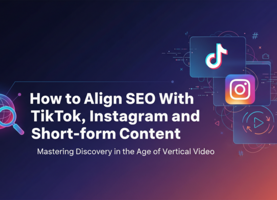 Blog banner with title 'Align SEO With TikTok, Instagram & Short-form Content'; vibrant social media icons.