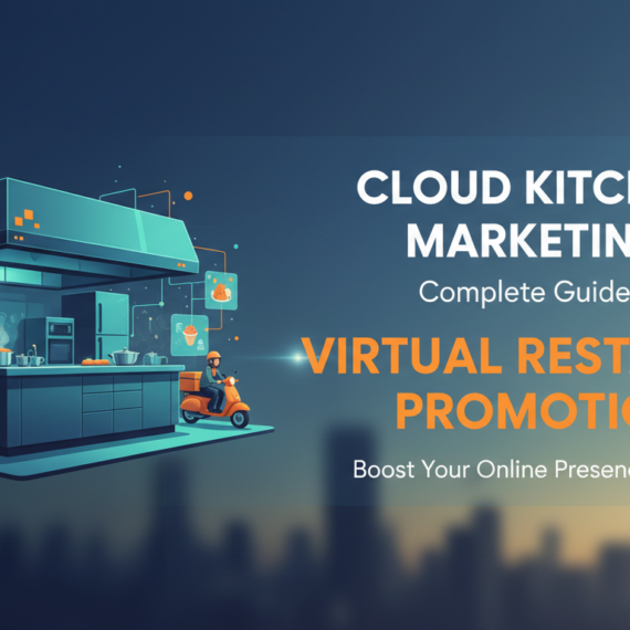 Blog banner with title 'Cloud Kitchen Marketing: Complete Guide to Virtual Restaurant Promotion' against a modern kitchen backdrop.