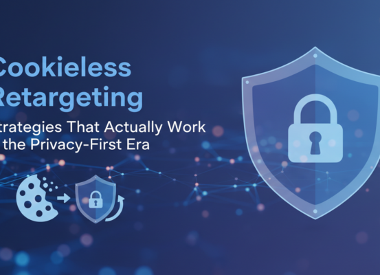 Blog banner with title 'Cookieless Retargeting: Strategies That Work in Privacy-First Era' on a digital background