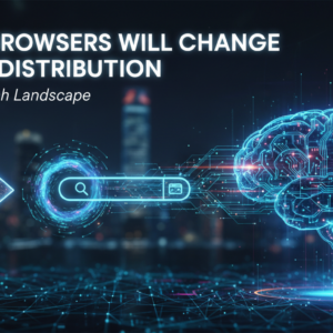 Blog banner with title 'How AI Browsers Will Change Traffic Distribution' over digital network graphic.